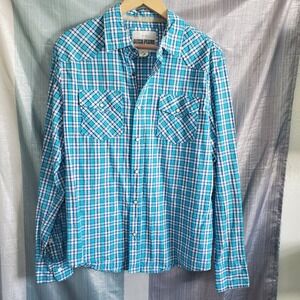 Ditch Plains Mens Turquoise Plaid Long Sleeve Western Snap Pocket Cotton Shirt L